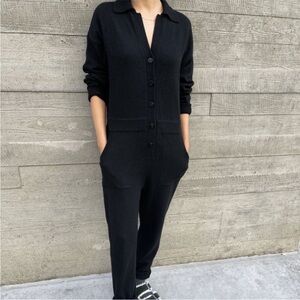 Le Bon Shoppe Cashmere Wool Blend Jumpsuit Sweater Ebony Black Collared Sz S